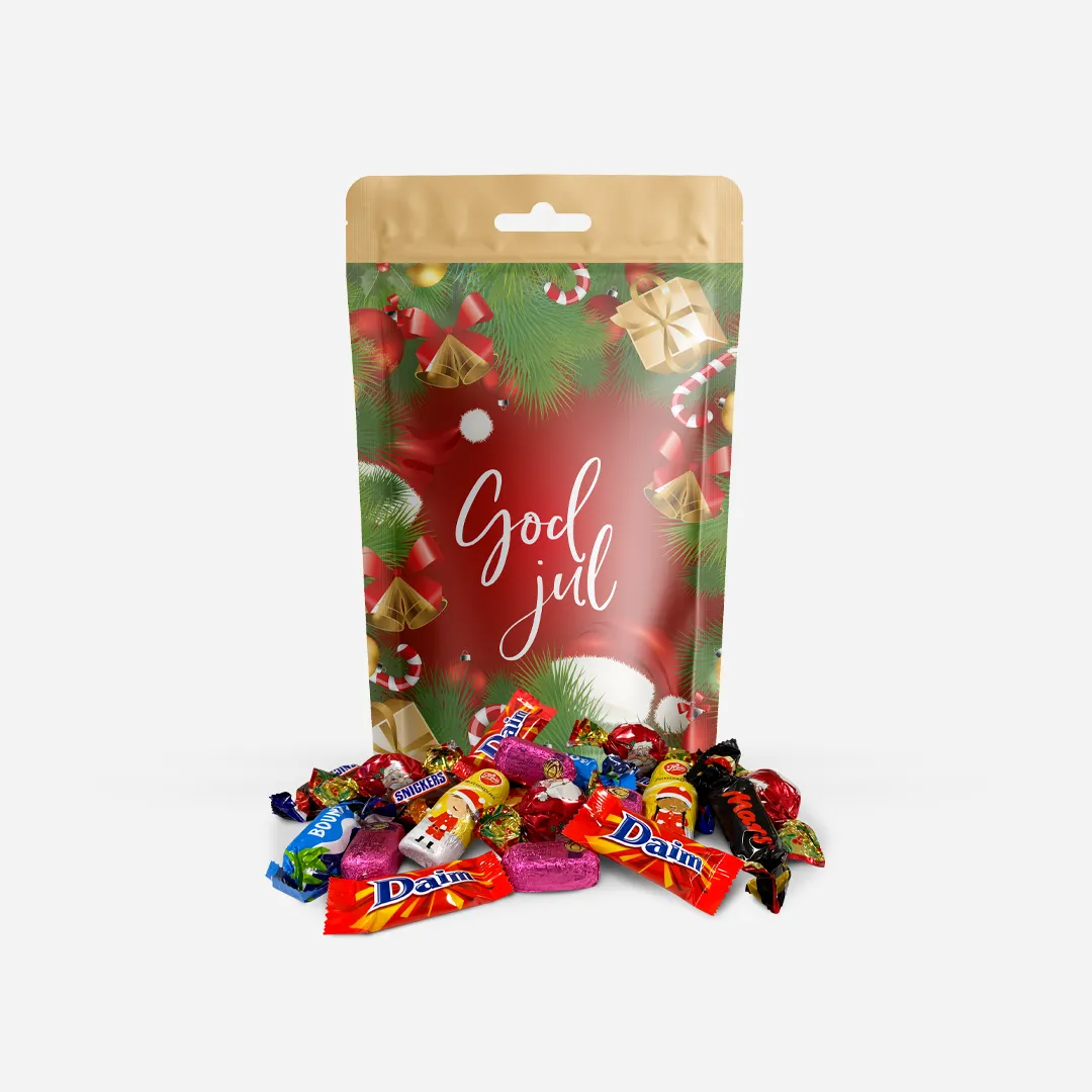 Gaver med søtt og salt Pen "god jul" pose med diverse jule-smågodt